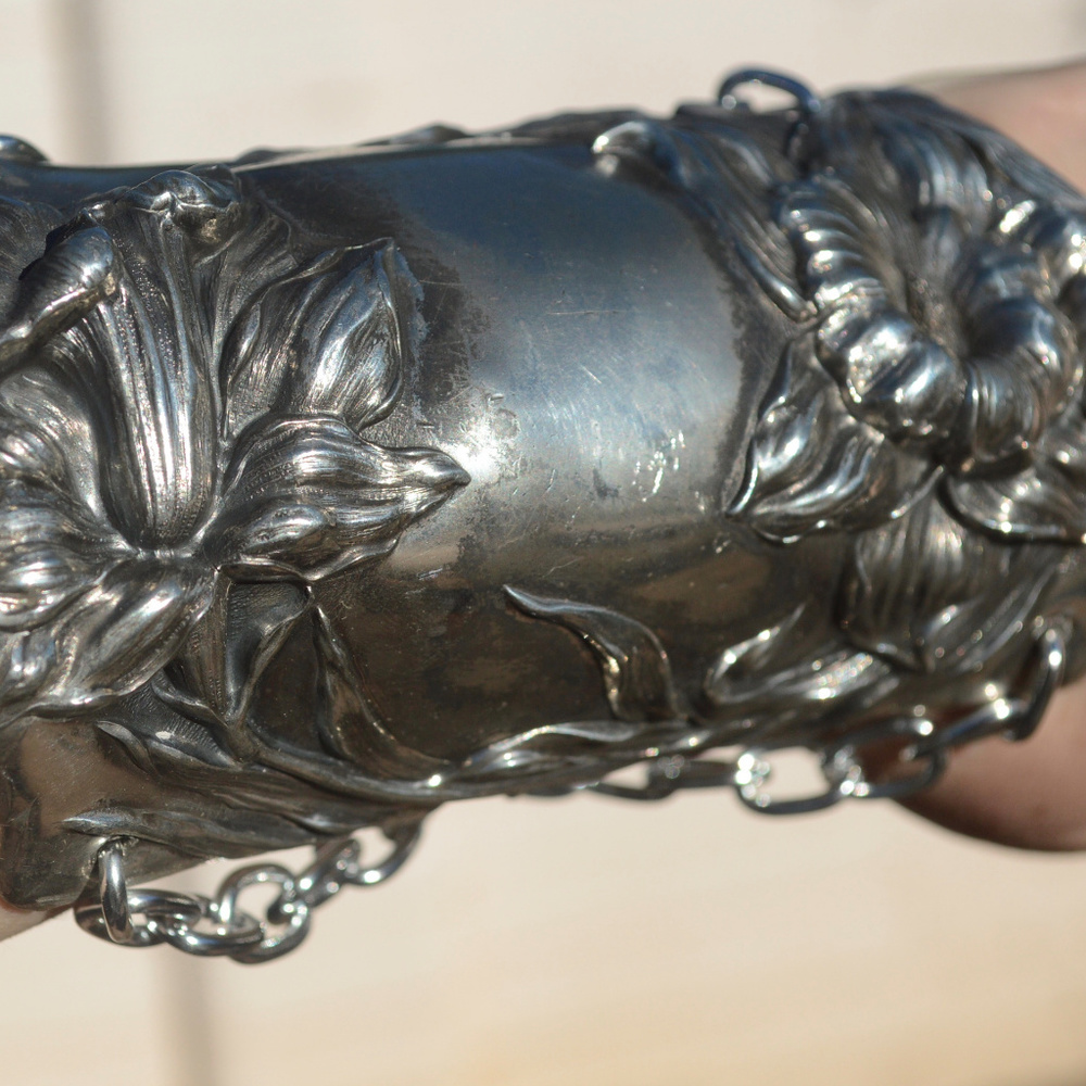 Antique Silver Gladiator Floral Wide Cuff Bracelet Victorian Bracer Spartan